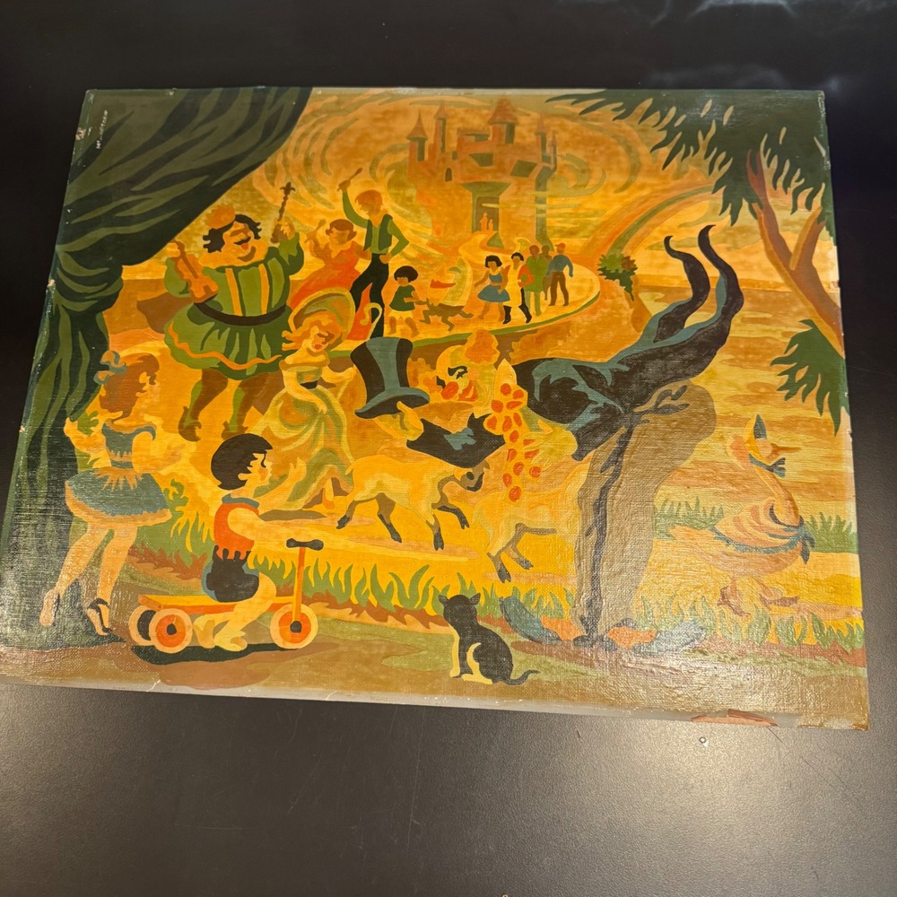 Vintage Paint by Number Art 20x16 Gold Carnival Castle Clown Scene MCM Kitsch